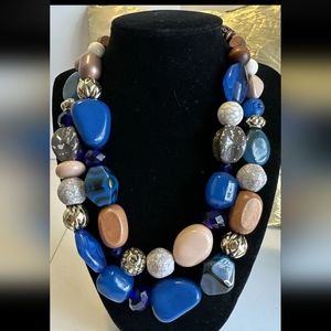 BOCAR 2 Layer Statement blue taupe gold tone Chunky Beaded Necklace 15” 3”ext